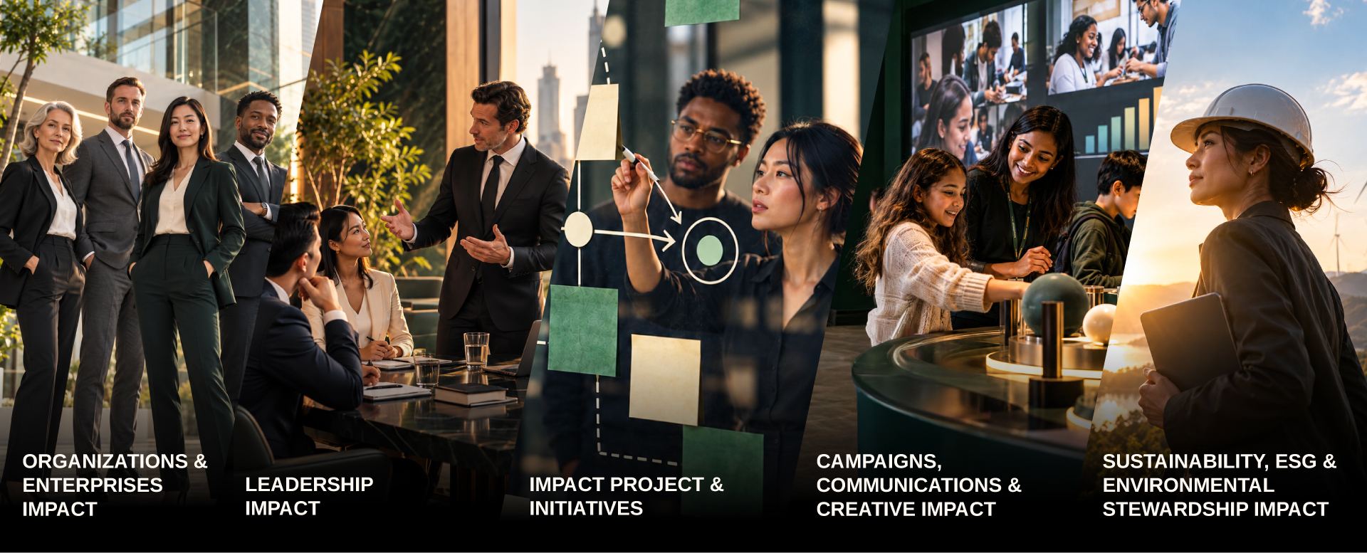 Organizations and enterprises, leadership, impact projects and initiatives, creative campaigns, and sustainability impact